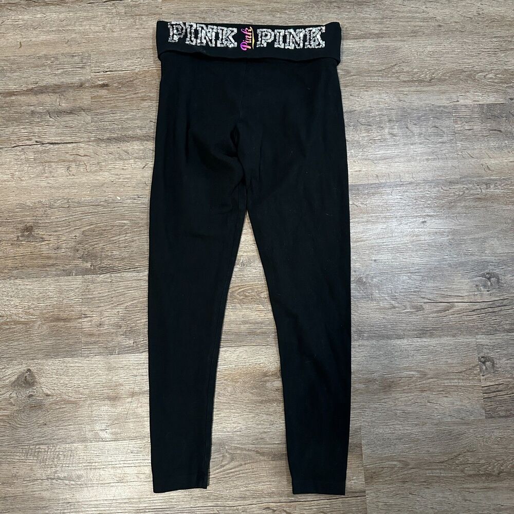 Y2K Victoria Secret Yoga PINK Fold Over Leggings Small Black Sequence VS